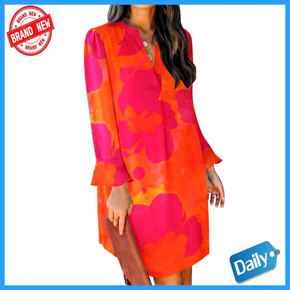 Long Sleeve V-Neck Mini Tunic Dress Loose Fit Polyester Casual - Picture 1 of 7